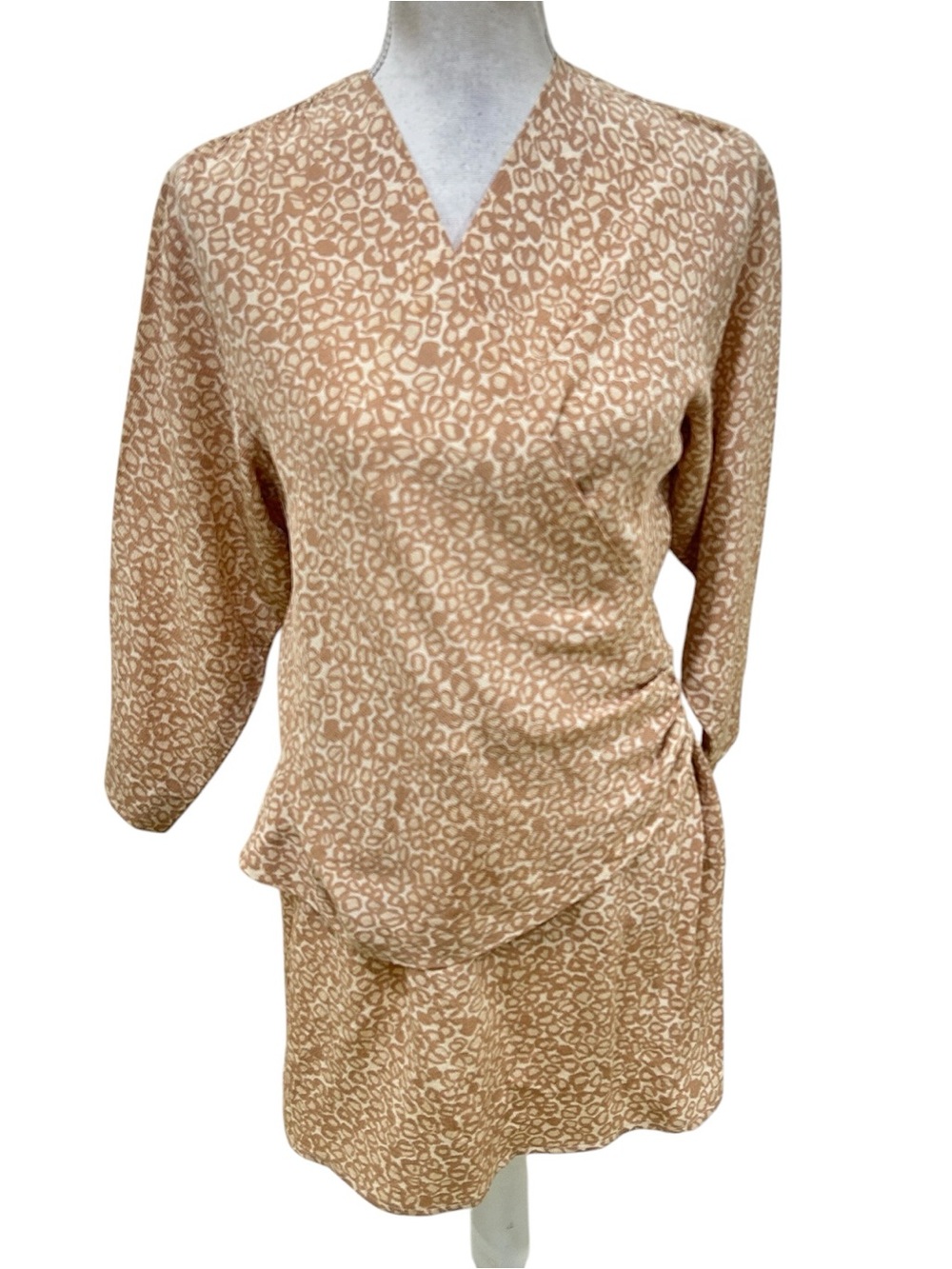 Celine Beige tan Leopard-animal Print Wrap Mini silk Dress France size 8